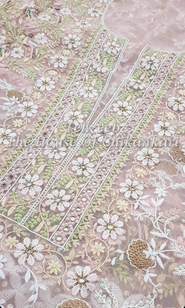 Shahi-Pehnawa Designer Chikankari Suit (Organza Silk / Pure Georgette), Blush Pink Organza, detail 4