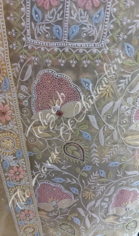 Shahi-Pehnawa Designer Chikankari Suit (Organza Silk / Pure Georgette), Beige Organza with Pastel Florals
