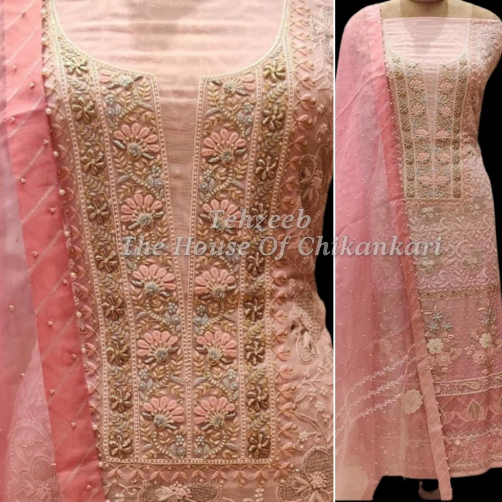 Shahi-Pehnawa Designer Chikankari Suit (Organza Silk / Pure Georgette), Coral with Gold Panel