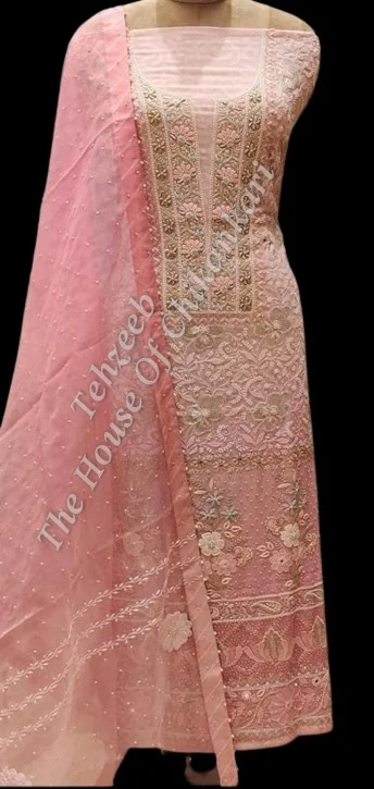 Shahi-Pehnawa Designer Chikankari Suit (Organza Silk / Pure Georgette), Coral with Gold Panel, detail 2