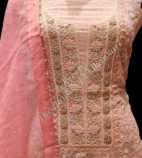 Shahi-Pehnawa Designer Chikankari Suit (Organza Silk / Pure Georgette), Coral with Gold Panel, detail 3
