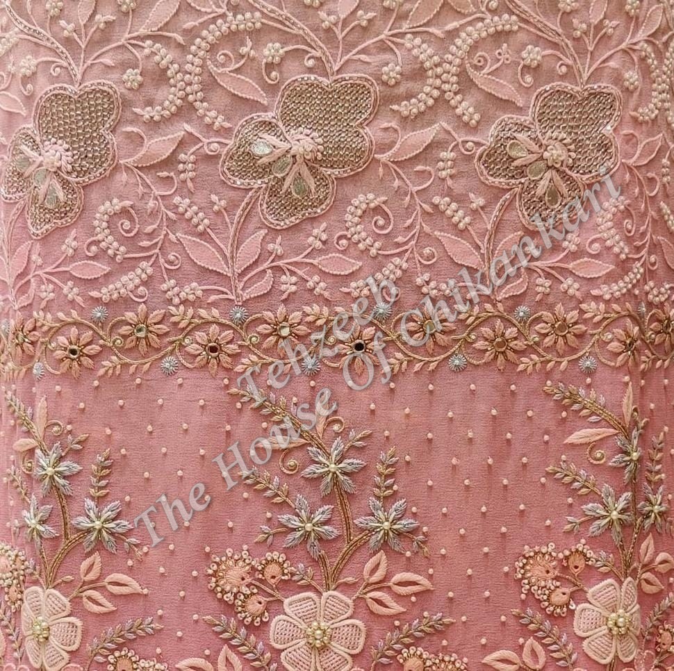 Shahi-Pehnawa Designer Chikankari Suit (Organza Silk / Pure Georgette), Coral with Gold Panel, detail 4