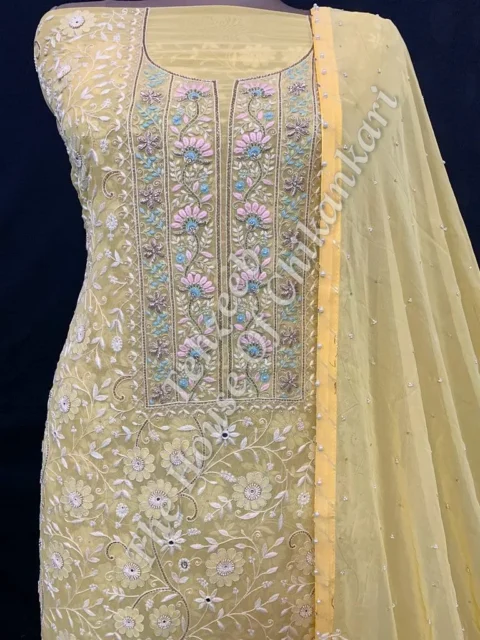 Shahi-Pehnawa Designer Ek Taar Chikankari Suit, Lemon Yellow with Pastel Yoke