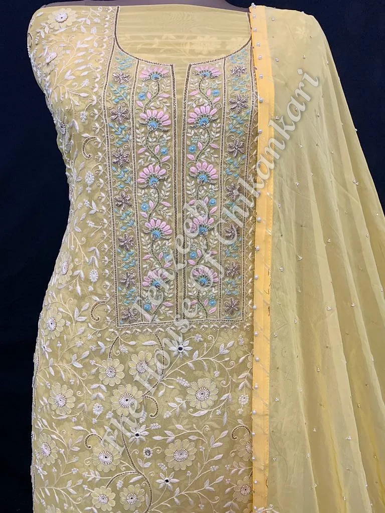 Shahi-Pehnawa Designer Ek Taar Chikankari Suit, Lemon Yellow with Pastel Yoke