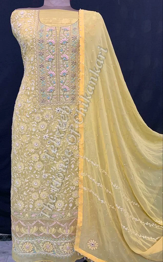 Shahi-Pehnawa Designer Ek Taar Chikankari Suit, Lemon Yellow with Pastel Yoke, detail 2