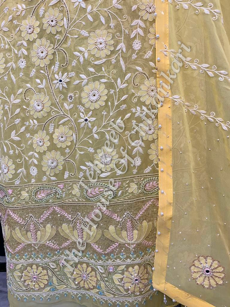 Shahi-Pehnawa Designer Ek Taar Chikankari Suit, Lemon Yellow with Pastel Yoke, detail 3