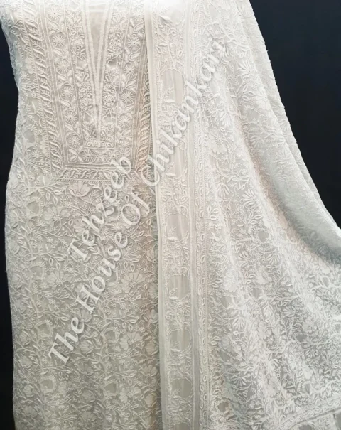 Shahi-Pehnawa - Designer Ek Taar Chikankari Suit, Ivory Vertical Panels