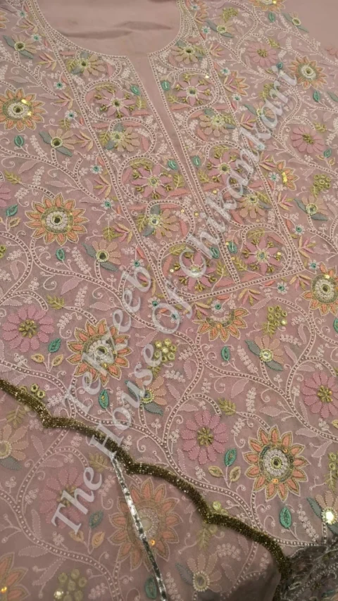 Shahi-Pehnawa Designer Ek Taar Chikankari Suit, Dusty Pink with Mirror Work