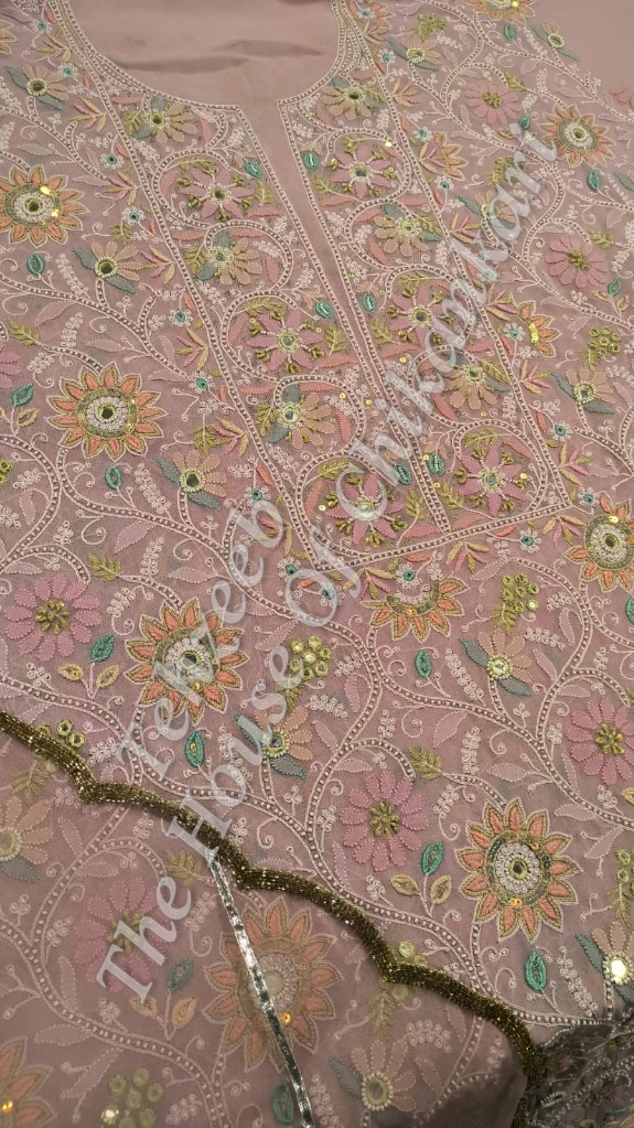 Shahi-Pehnawa Designer Ek Taar Chikankari Suit, Dusty Pink with Mirror Work