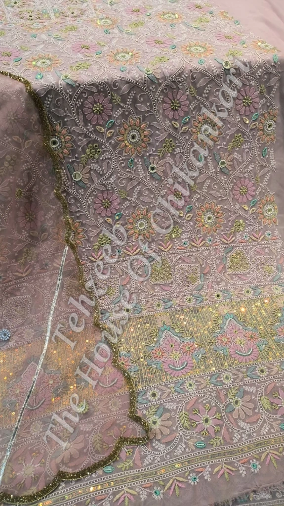 Shahi-Pehnawa Designer Ek Taar Chikankari Suit, Dusty Pink with Mirror Work, detail 2