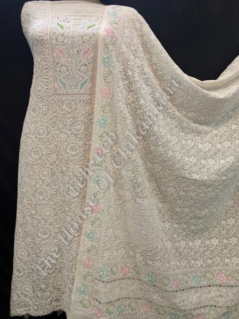 Shahi-Pehnawa - Designer Ek Taar Chikankari Suit, Ivory with Pastel Resham Accents