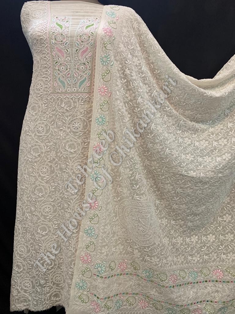Shahi-Pehnawa - Designer Ek Taar Chikankari Suit, Ivory with Pastel Resham Accents