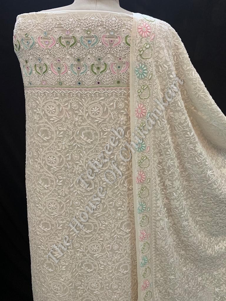 Shahi-Pehnawa - Designer Ek Taar Chikankari Suit, Ivory with Pastel Resham Accents, detail 2