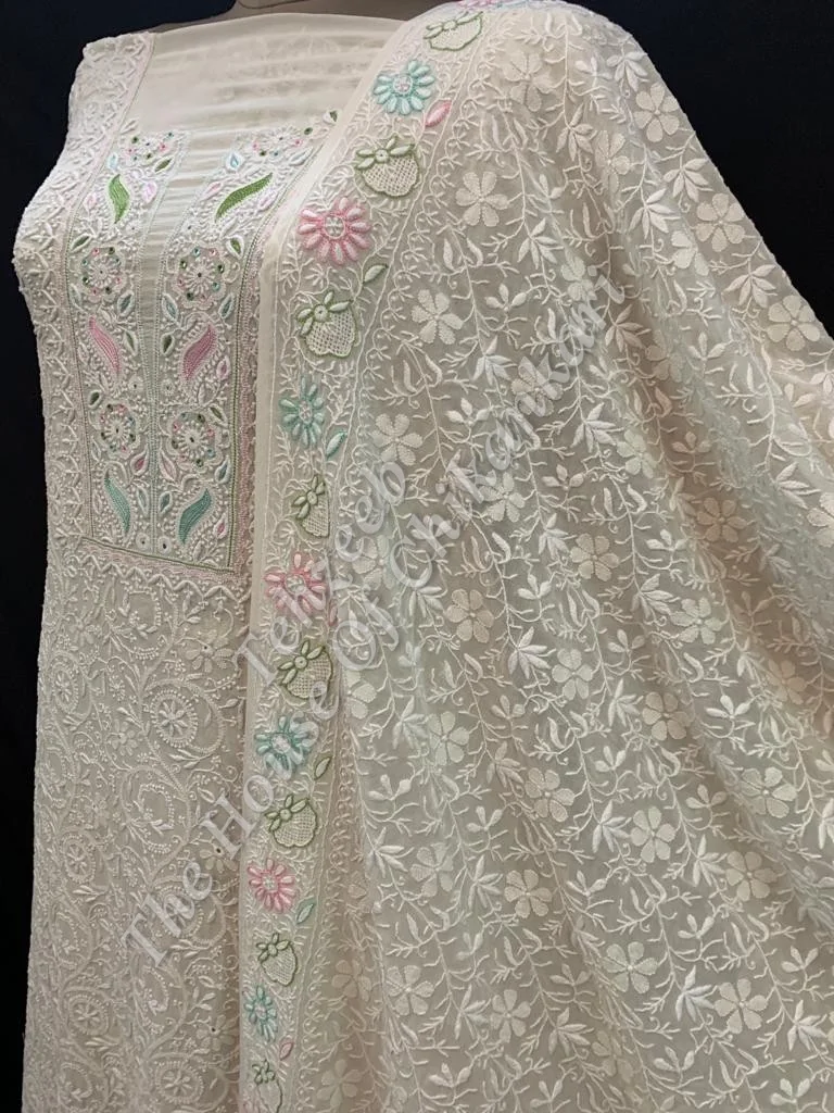 Shahi-Pehnawa - Designer Ek Taar Chikankari Suit, Ivory with Pastel Resham Accents, detail 3