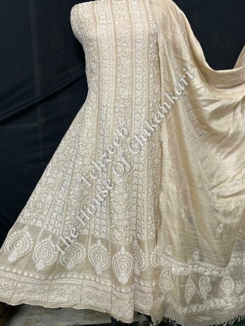 Shahi Pehnawa - Ek Taar Silk Anarkali Of Chikankari, Beige Silk with Paisley Hem