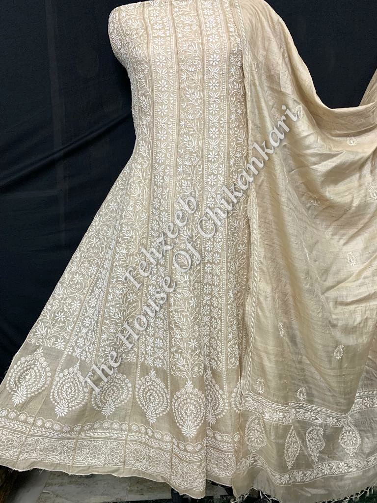 Shahi Pehnawa - Ek Taar Silk Anarkali Of Chikankari, Beige Silk with Paisley Hem