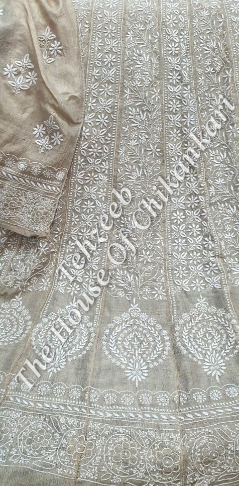 Shahi Pehnawa - Ek Taar Silk Anarkali Of Chikankari, Beige Silk with Paisley Hem, detail 3