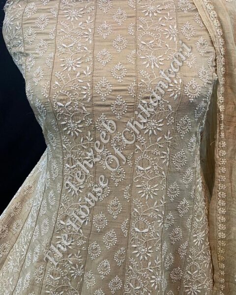 Shahi Pehnawa - Ek Taar Silk Anarkali Of Chikankari, Beige Silk with Floral Panels