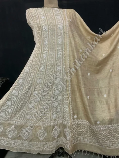 Shahi Pehnawa - Ek Taar Silk Anarkali Of Chikankari, Beige Silk with Vertical Panel Work