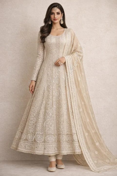 Shahi Pehnawa - Ek Taar Silk Anarkali Of Chikankari, Champagne Silk Anarkali Set