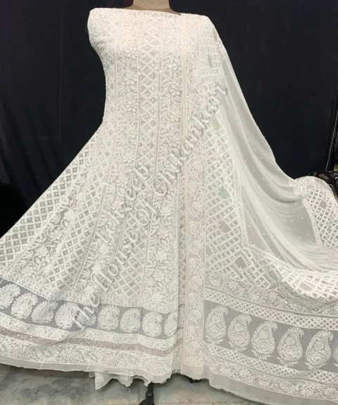 Shahi - Pehnawa Lucknowi Chikankari Anarkali, Ivory with Pastel Hem