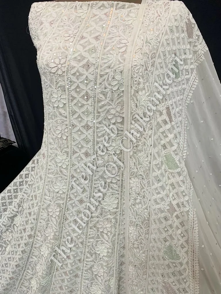 Shahi - Pehnawa Lucknowi Chikankari Anarkali, Ivory with Pastel Hem, detail 2