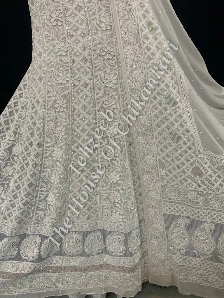 Shahi - Pehnawa Lucknowi Chikankari Anarkali, Ivory with Pastel Hem, detail 3