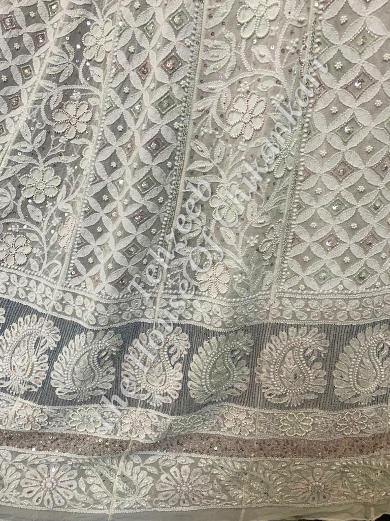 Shahi - Pehnawa Lucknowi Chikankari Anarkali, Ivory with Pastel Hem, detail 4