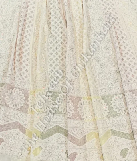 Shahi - Pehnawa Lucknowi Chikankari Anarkali, Ivory with Chevron Hem