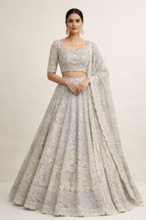 Shan-E-Awadh - Afreen Ek Taar Chikankari Lehenga, Silver-Grey