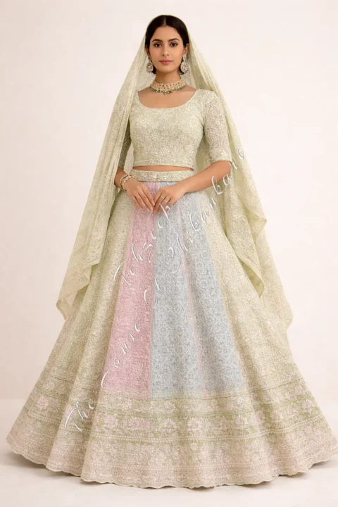 Shan-E-Awadh - Afreen Ek Taar Chikankari Lehenga, Ivory with Pastel Panels