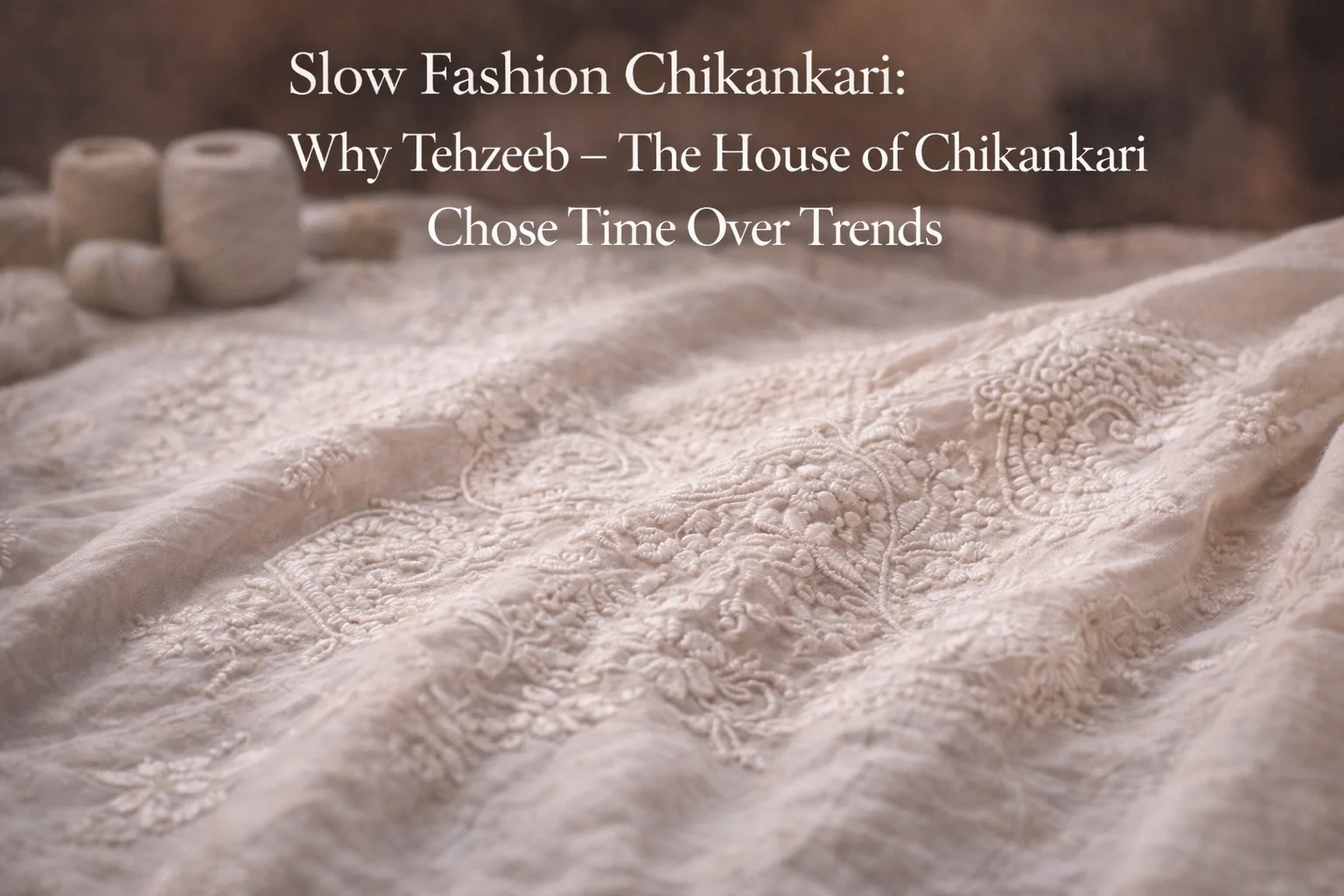 Close-up of white hand-embroidered chikankari fabric under soft natural light showing intricate floral motifs