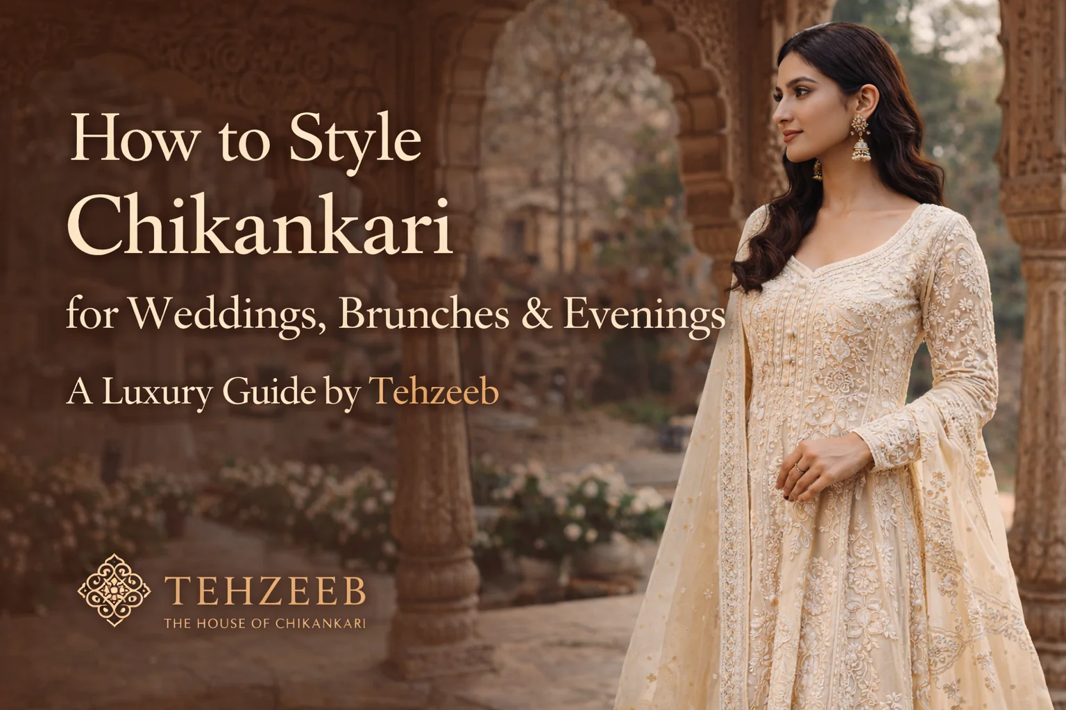 Luxury Lucknowi chikankari outfit styled for wedding and evening wear by Tehzeeb The House of Chikankari