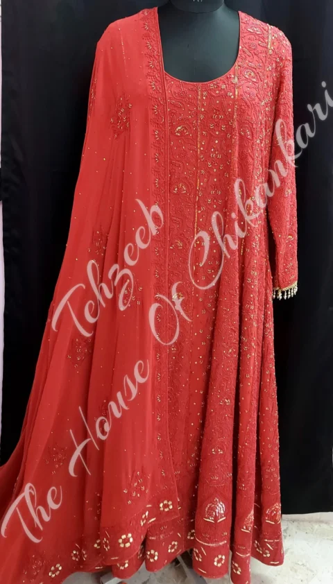 Surkh - Lal - Ek Taar Chikankari Anarkali of Zardosi