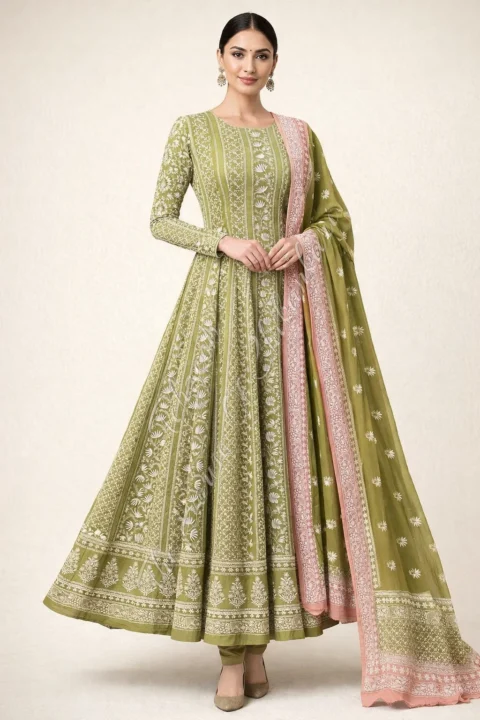 Taar - Mughal Nakkashi Chikankari Anarkali, Olive Green with Pink Dupatta