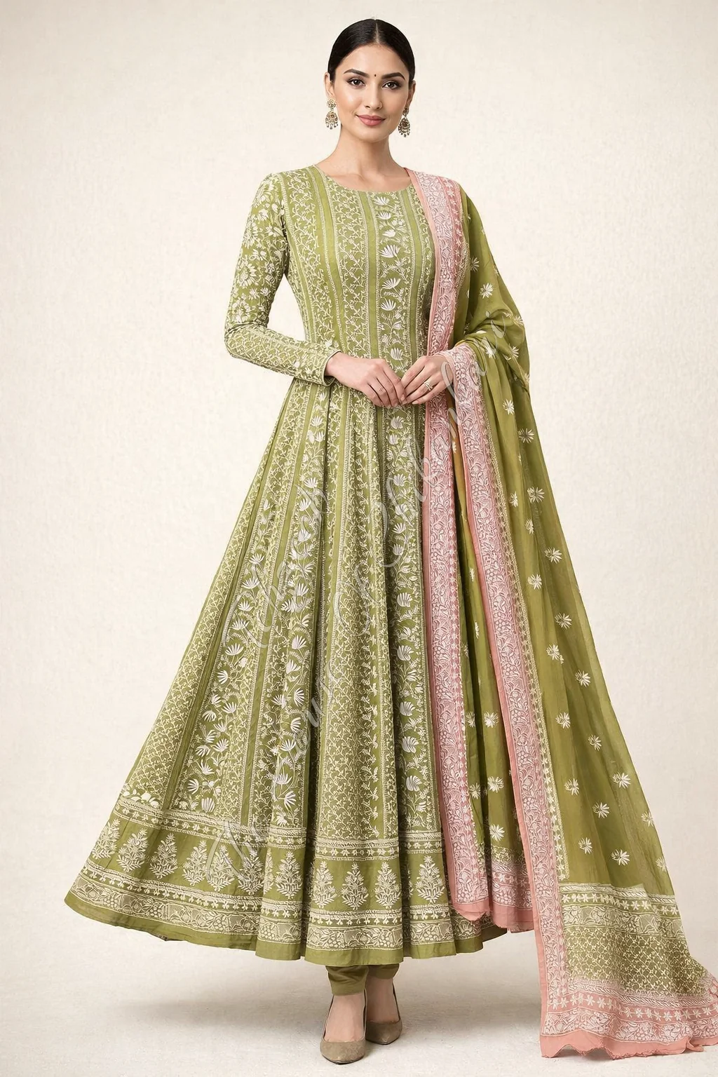 Taar - Mughal Nakkashi Chikankari Anarkali, Olive Green with Pink Dupatta