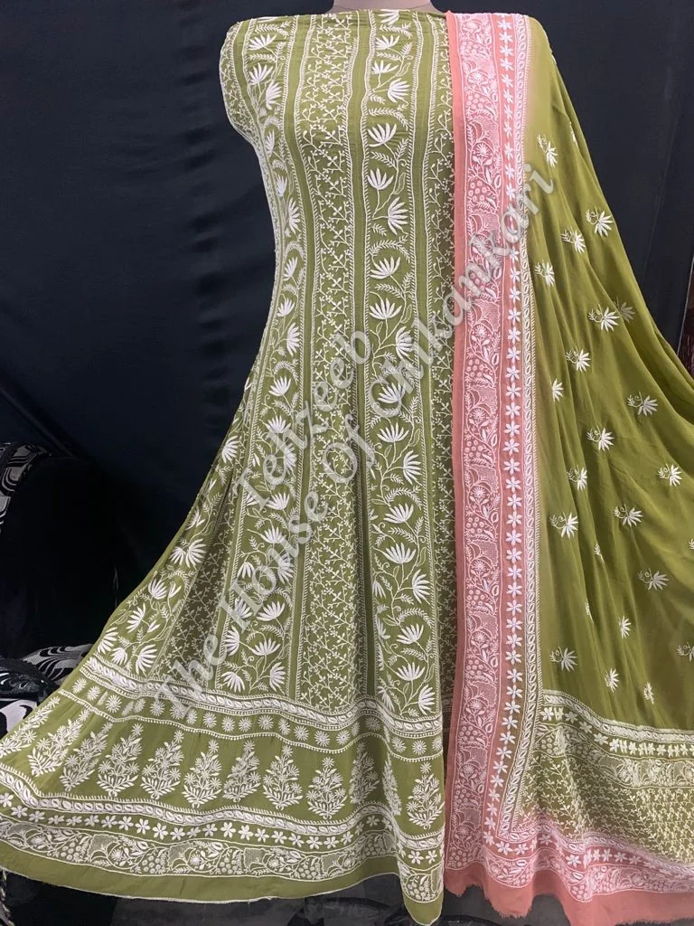 Taar - Mughal Nakkashi Chikankari Anarkali, Olive Green with Pink Dupatta, detail 2