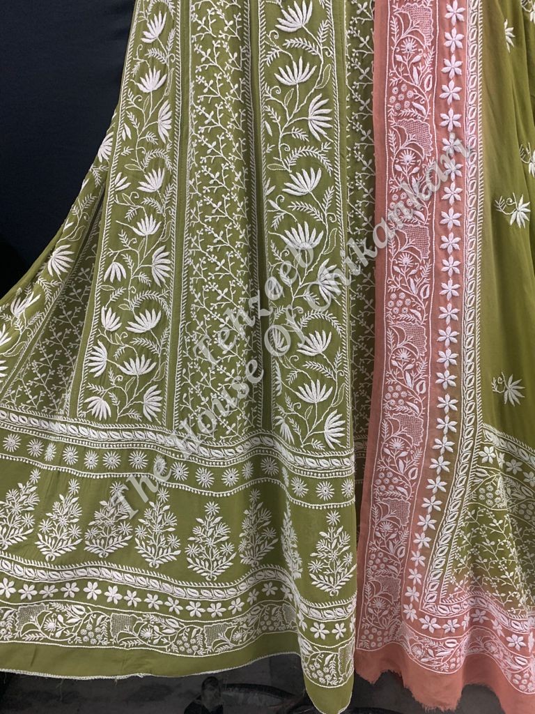 Taar - Mughal Nakkashi Chikankari Anarkali, Olive Green with Pink Dupatta, detail 3