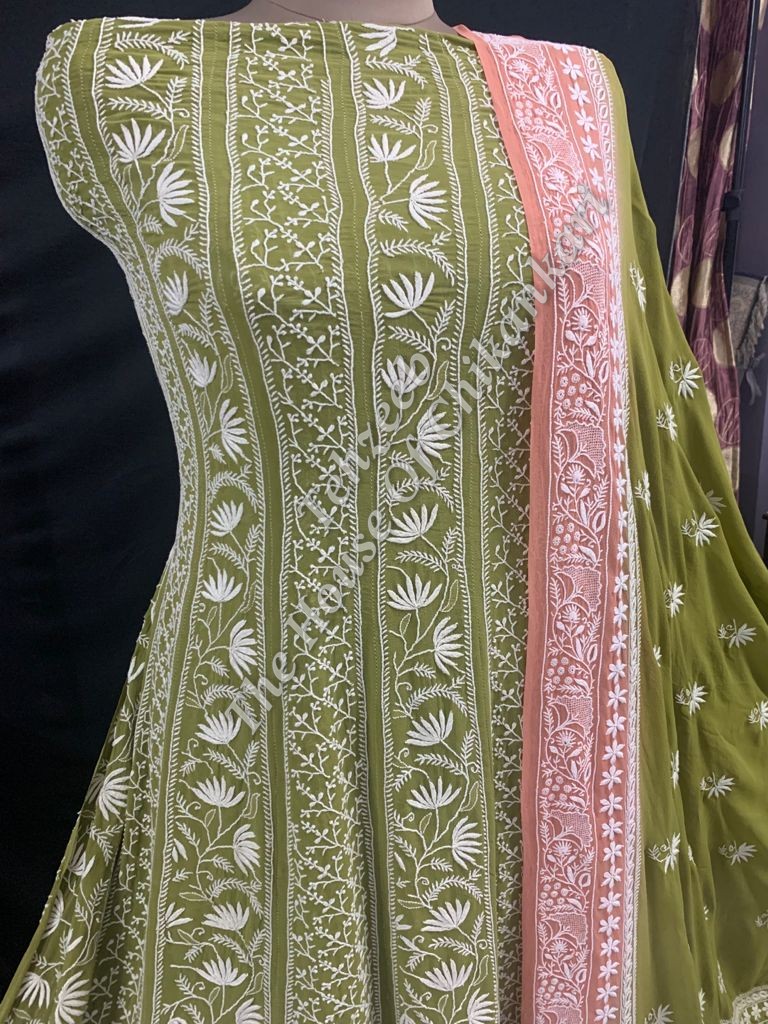 Taar - Mughal Nakkashi Chikankari Anarkali, Olive Green with Pink Dupatta, detail 4
