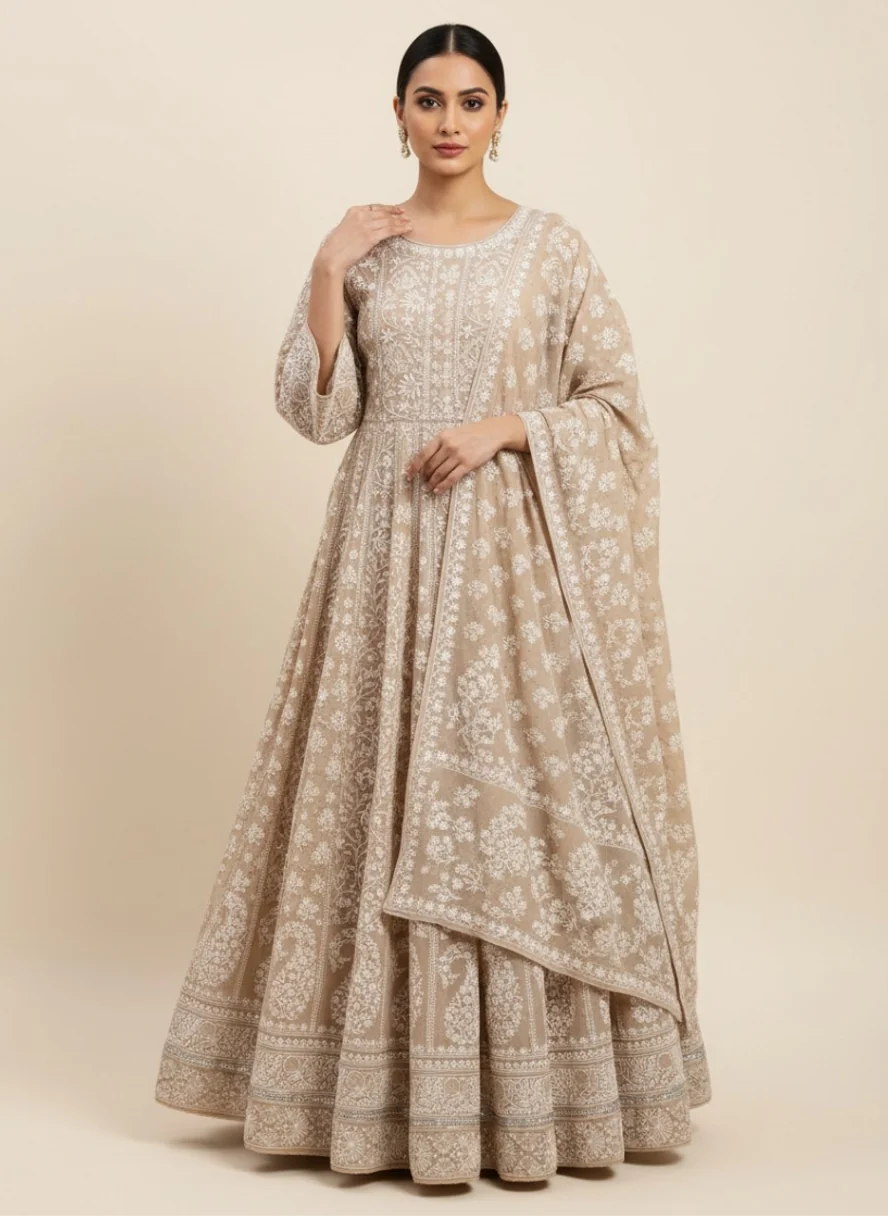 Luxury Lucknowi chikankari anarkali handcrafted with fine hand embroidery and elegant traditional detailing