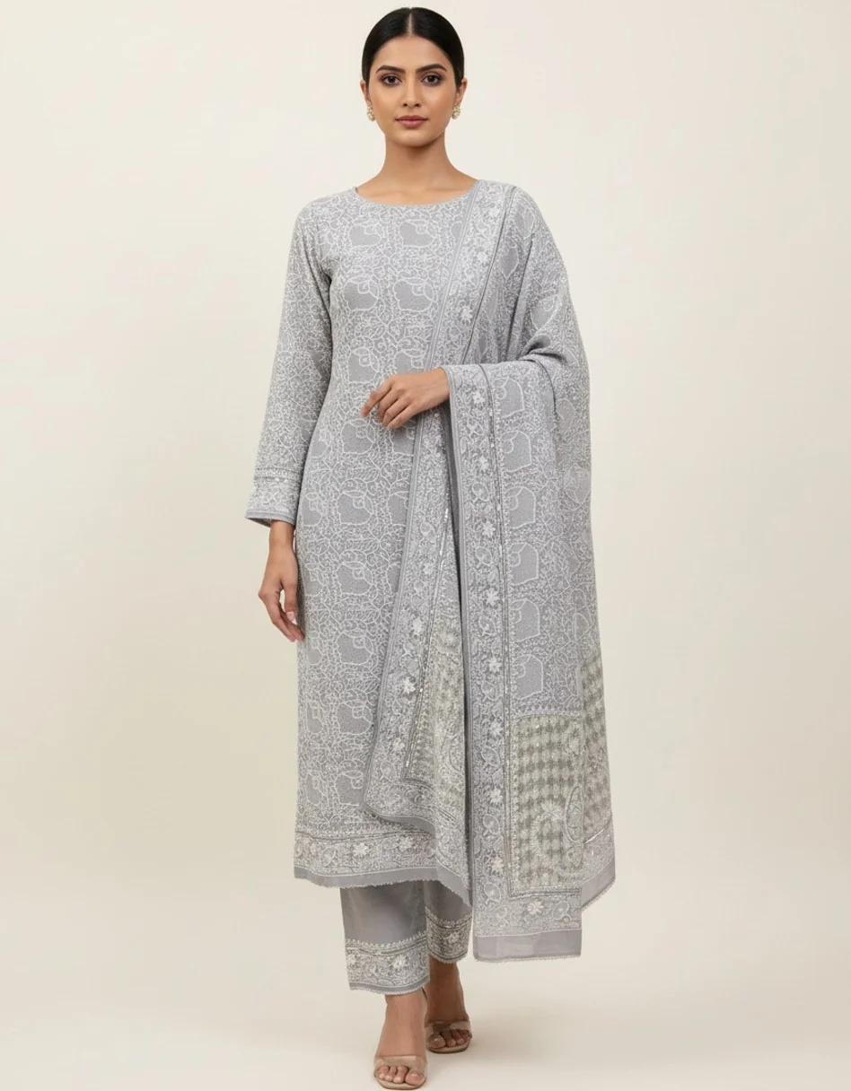 Pure Lucknowi chikankari suit hand embroidered by skilled artisans using traditional stitches on premium fabric