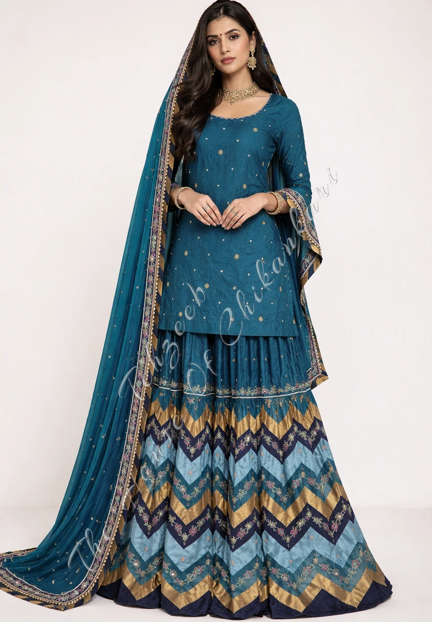 Traditional Awadhi Chatapati Farshi Gharara Set | Luxury Bridal Lucknowi Chikankari | Hand-Embroidered Heirloom Couture by Tehzeeb