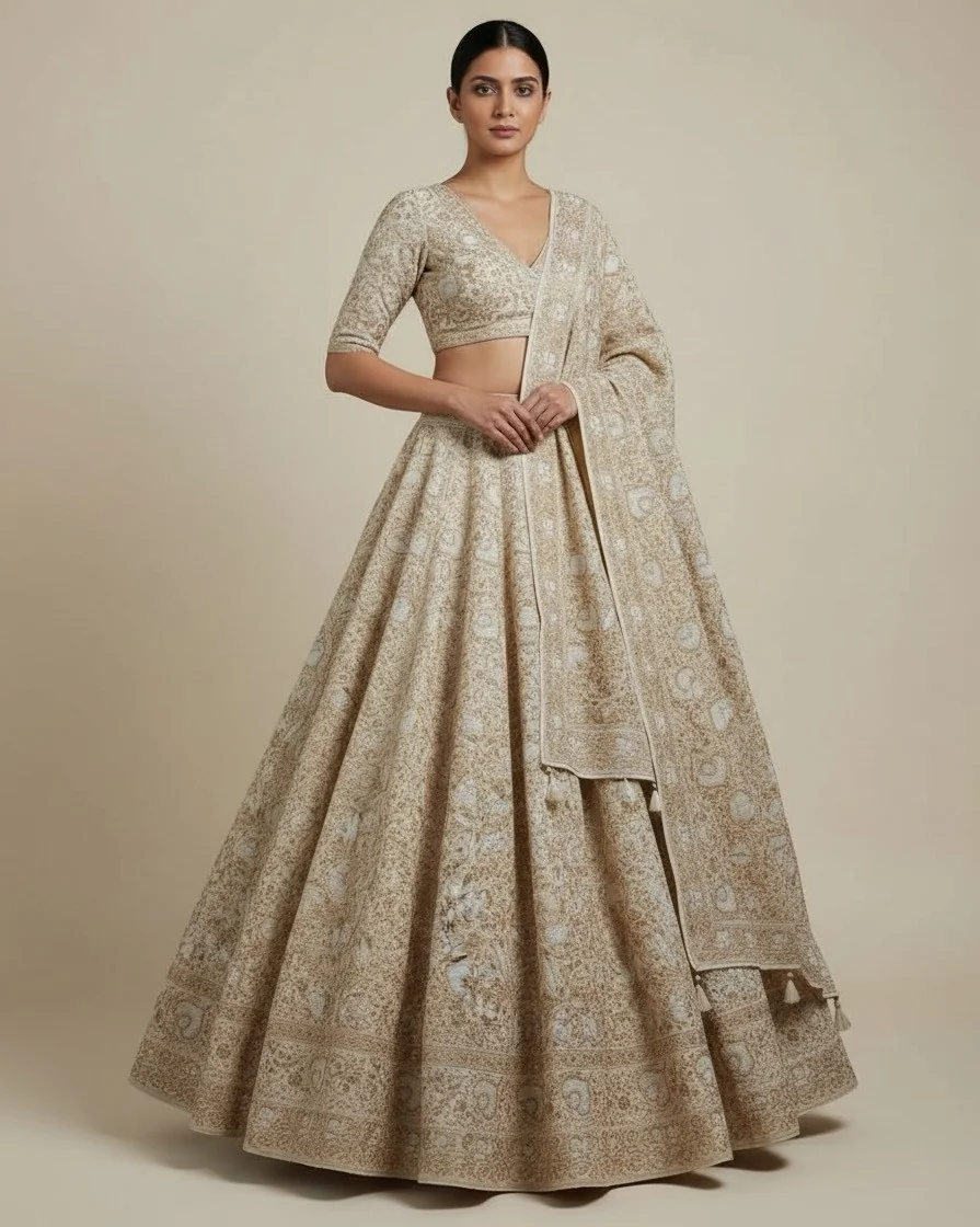 Luxury Lucknowi chikankari lehenga handcrafted with fine haath jaali and traditional ek taar embroidery by master artisans