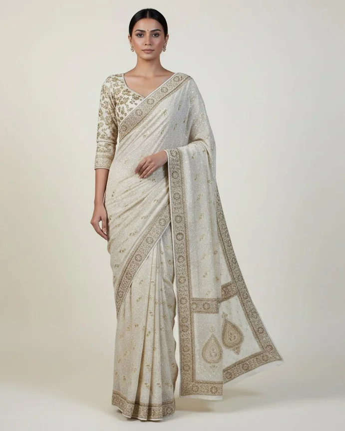 Pure Lucknowi chikankari saree hand embroidered with traditional ek taar and haath jaali craftsmanship