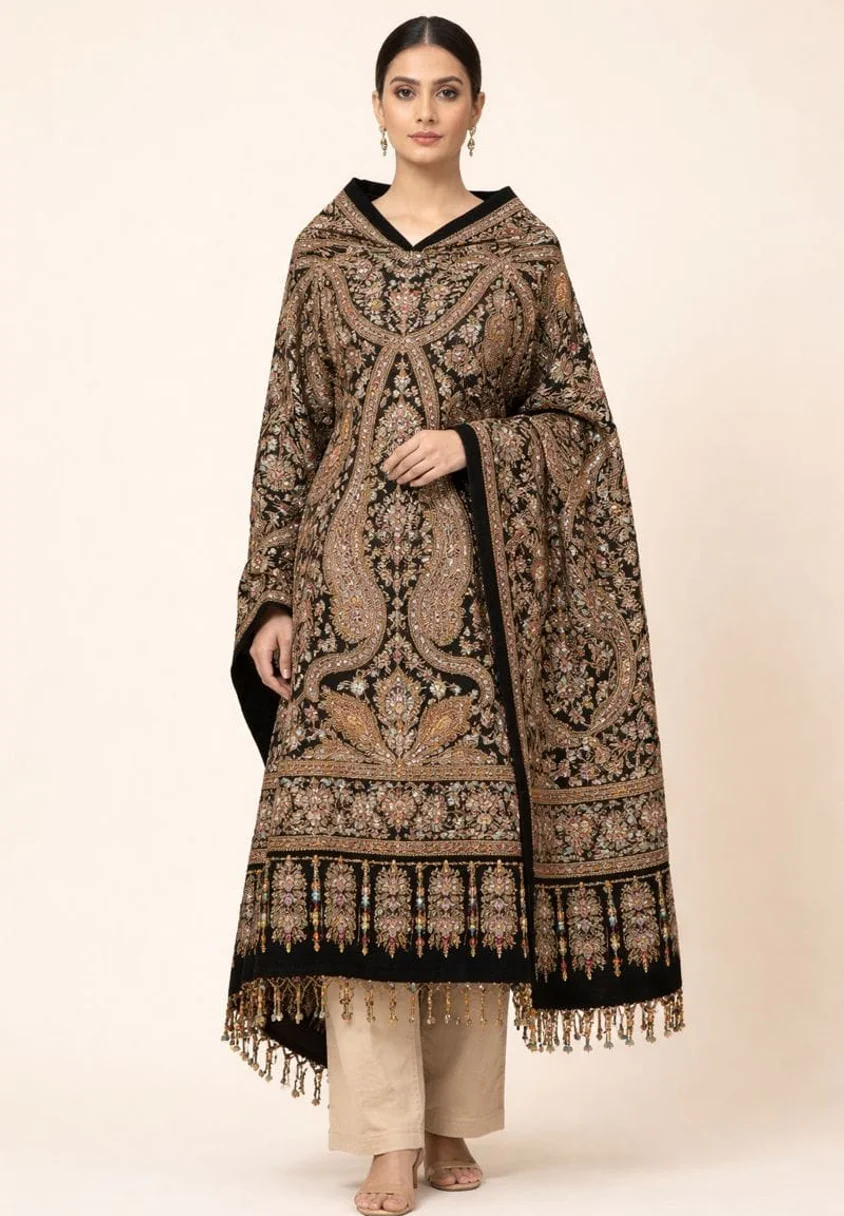 Authentic hand embroidered pashmina shawl featuring fine traditional craftsmanship and luxurious detailing