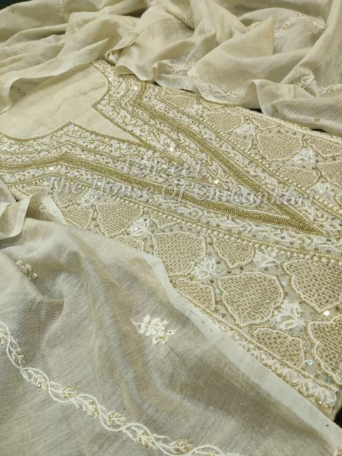 Tissue Silk Chikankari Suit of Haath Jaali, Gold Tissue Yoke