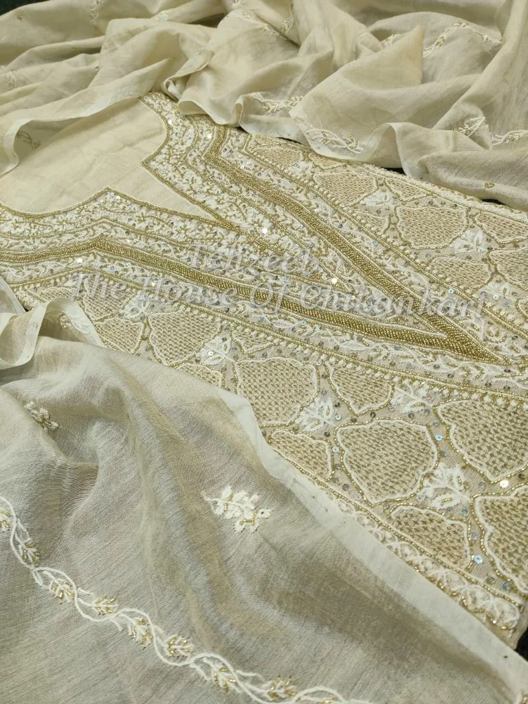 Tissue Silk Chikankari Suit of Haath Jaali, Gold Tissue Yoke