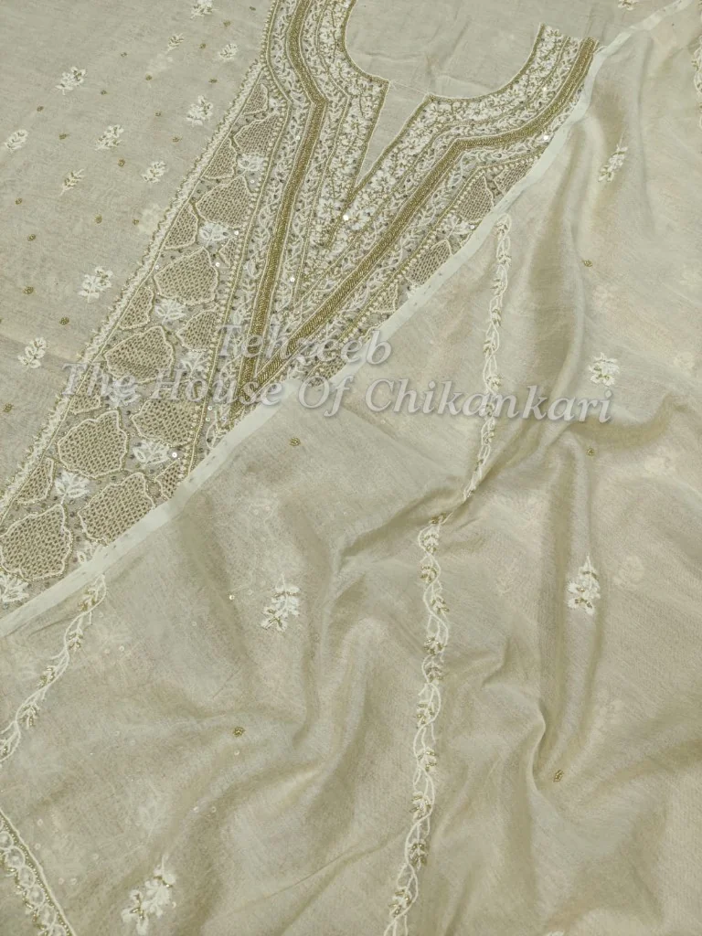 Tissue Silk Chikankari Suit of Haath Jaali, Gold Tissue Yoke, detail 2