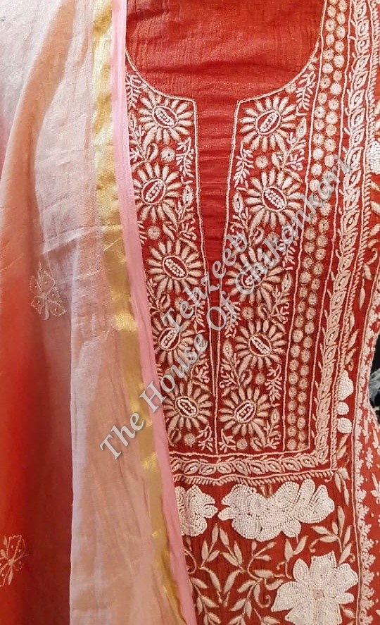 Tissue Silk Pearl Lucknowi Chikan Suit