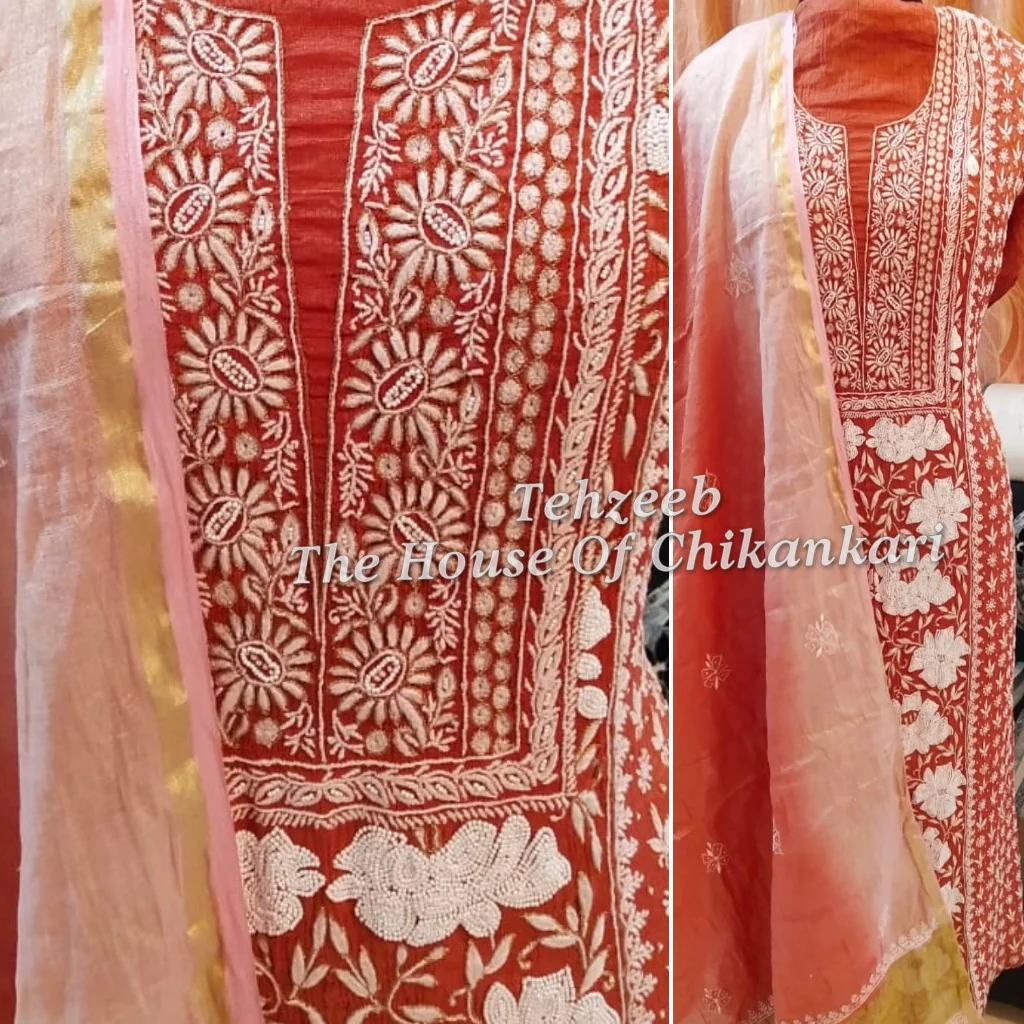 Tissue Silk Pearl Lucknowi Chikan Suit, detail 2